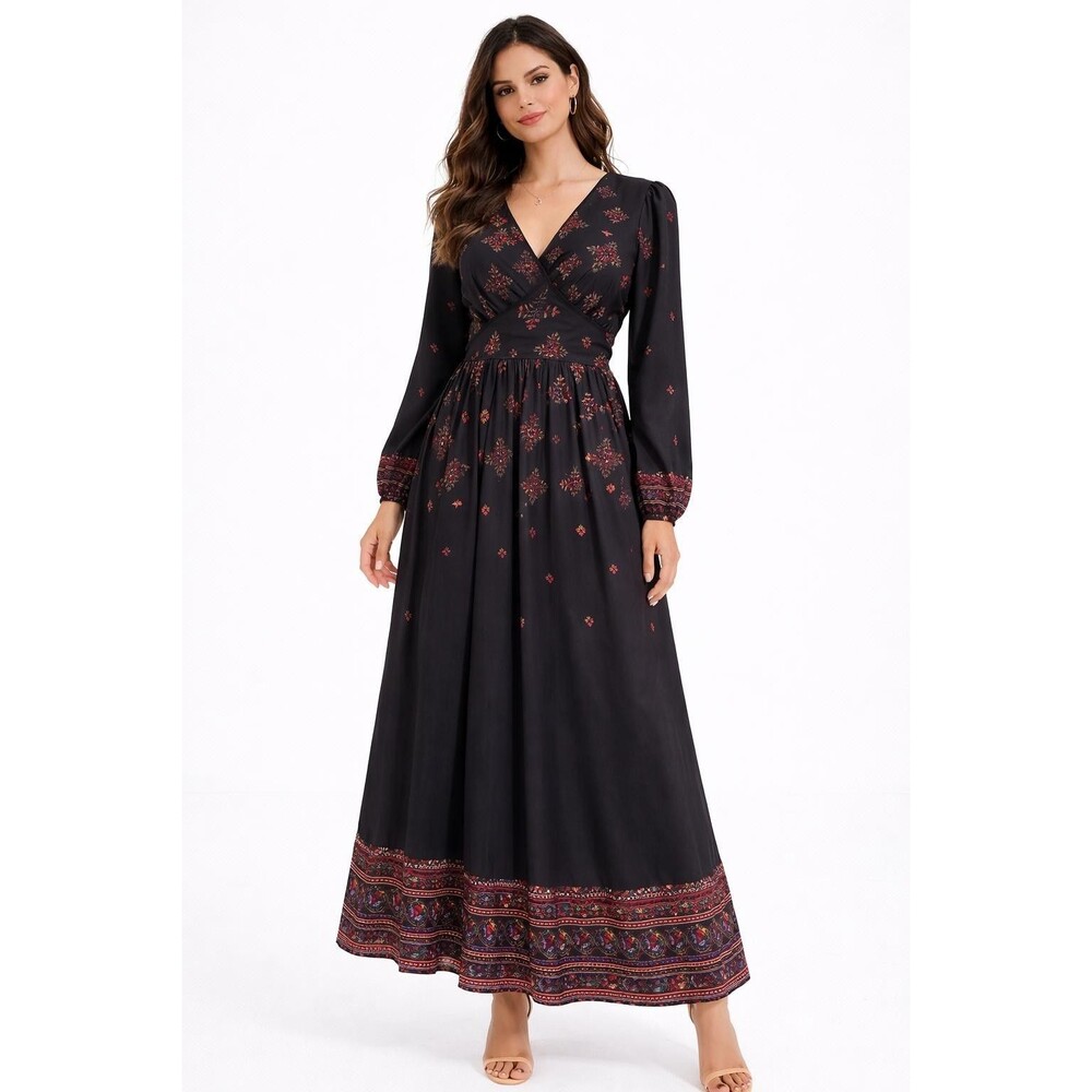 eShakti Womens Maxi Dress Black Floral Long Sleeve Boho Size M vintage Inspired